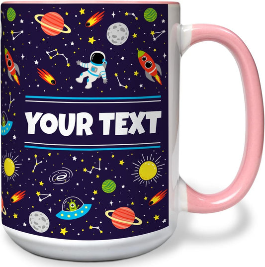 Personalized Mug for Kids - Outer Space - Custom Name/Text, Ceramic Hot Chocolate/Cocoa/Coffee Cup for Boys/Girls, Birthday/Christmas/Holiday Gift - 15 oz, Pink Handle