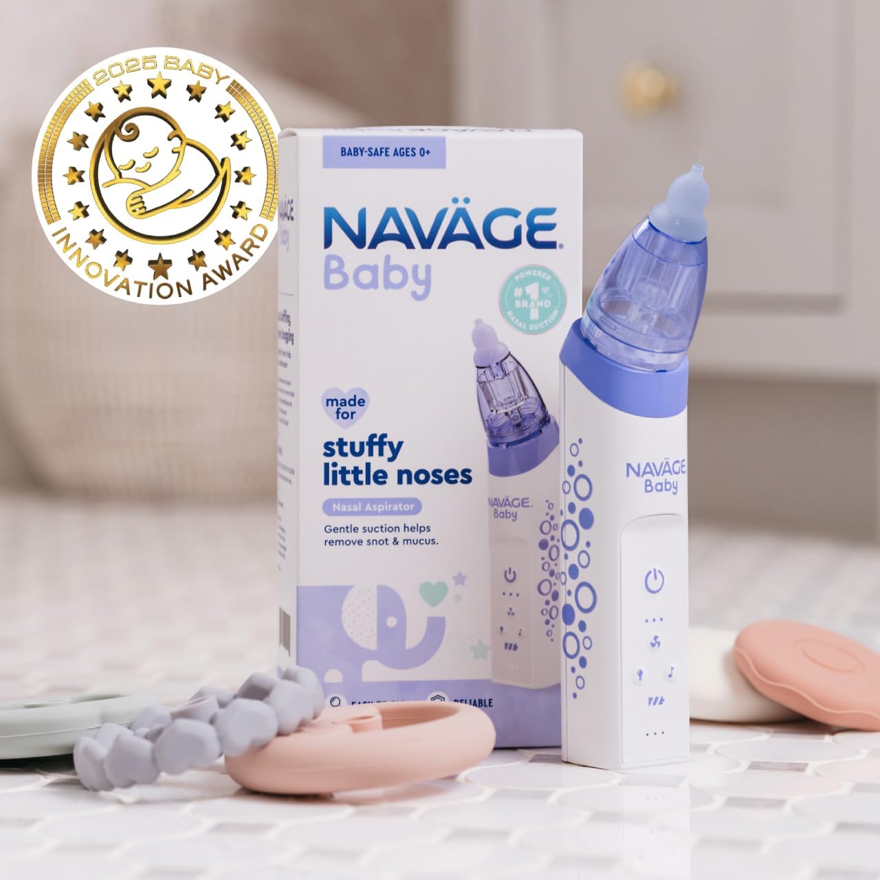 Navage Baby Nasal Aspirator - Gentle, Pediatrician Endorsed Nasal Aspirator for Baby Congestion & Stuffy Noses - Baby Nose Sucker w/ Lights, Lullabies & BPA Free Silicone Tips