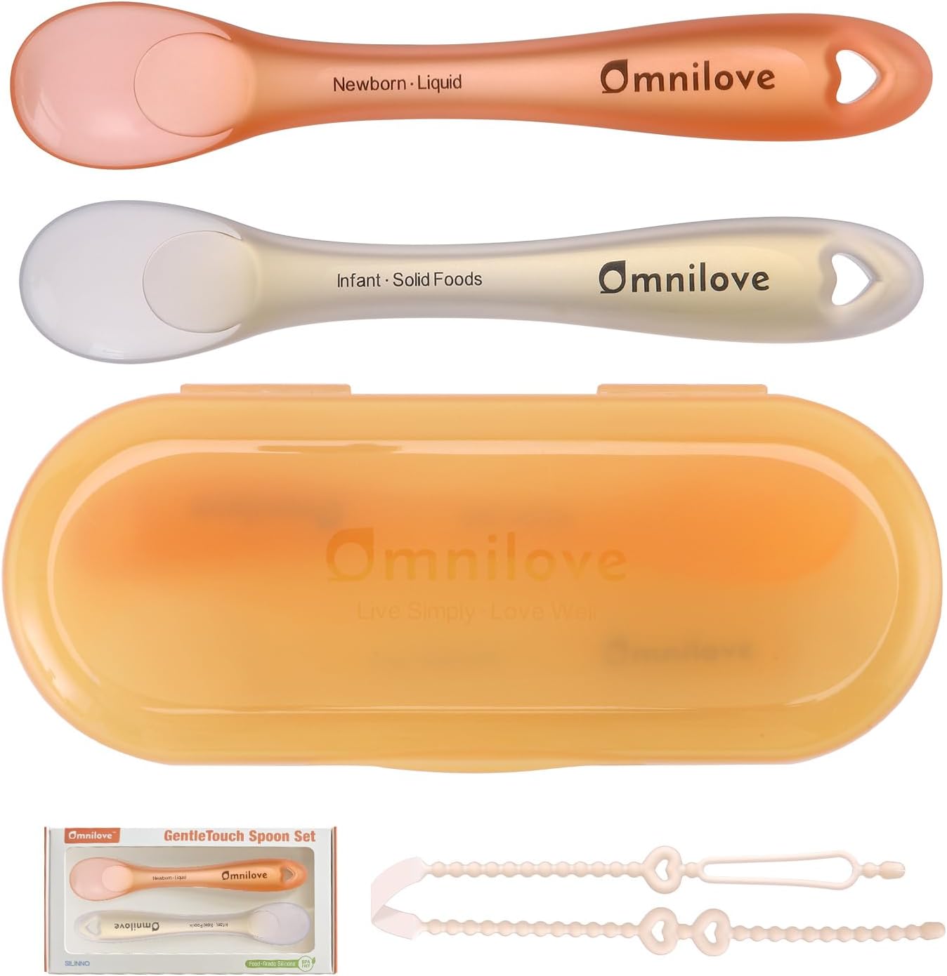 Silicone Baby Spoons 2-Pack with Case, New Born Self Feeding Toddler Spoon, Baby Led Weaning Supplies, Toddler Utensils with Safety Chain, Baby Eating Essentials, Dishwasher Safe