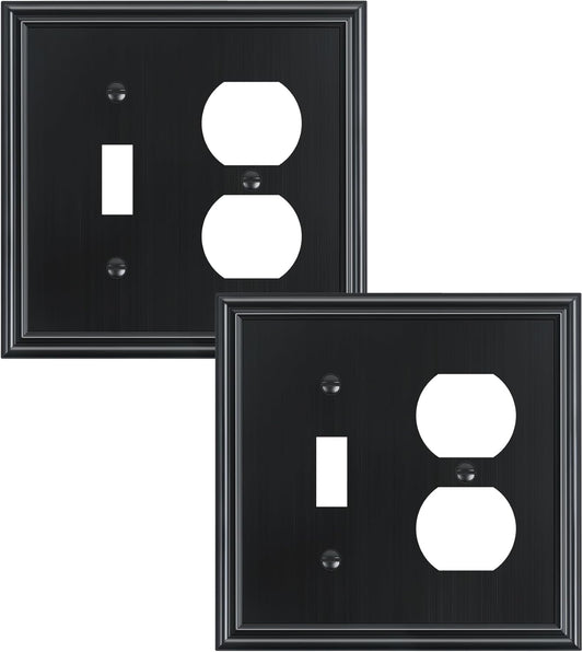 2-Pack Combo Toggle/Duplex Light Switch Cover Plate, Black Wall Outlet Cover Plate, Decorative Wall Receptacle Cover for Electrical Outlets, Light Switch, Durable Solid Zinc Alloy