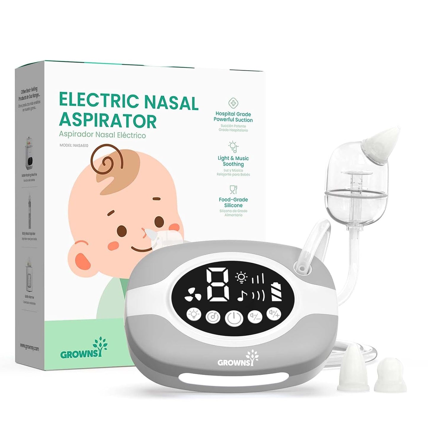 GROWNSY Electric Nose Suction for Baby, Hospital-Grade Nasal Aspirator with Night Light,Soothing Lullabies, Baby Nose Sucker with 9 Adjustable Suction Levels