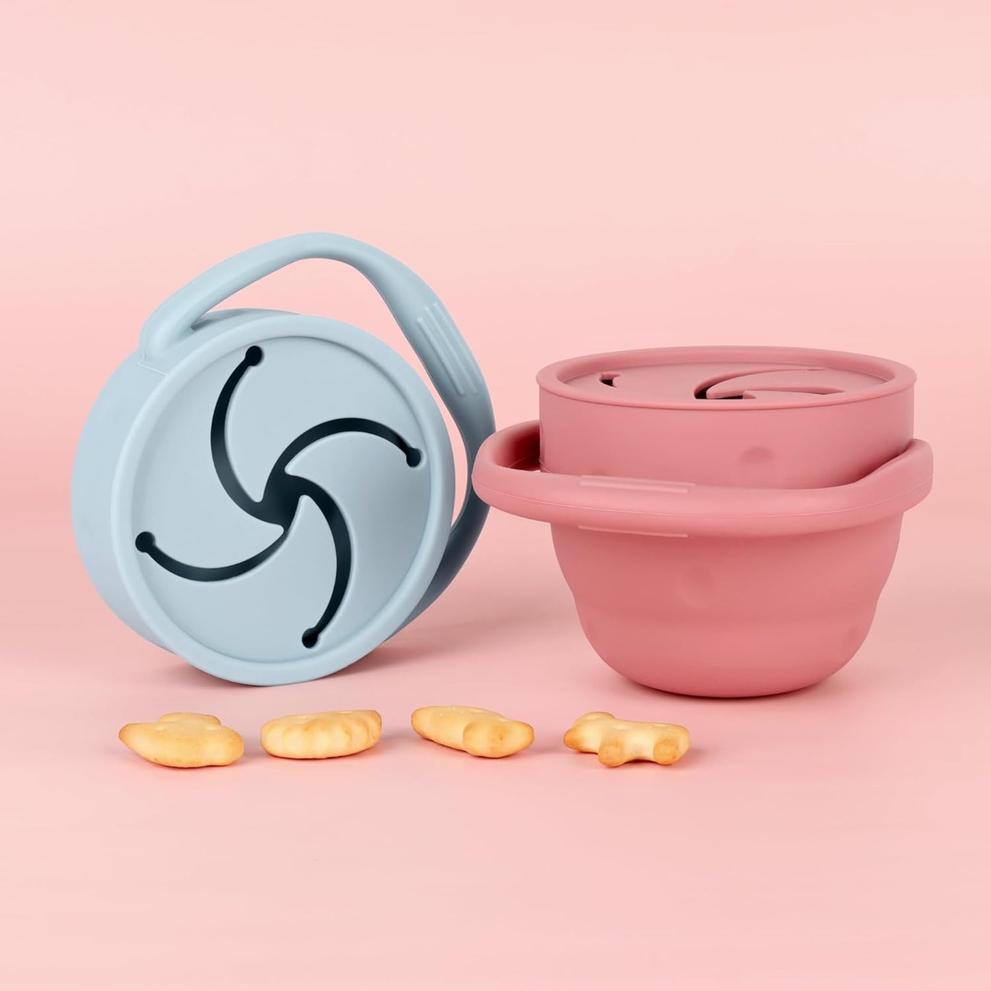 Silicone Snack Cups for Toddlers, Snack Containers with Lids, Foldable Baby Food Catcher with Holders and Dustproof Lid, 2 Pack (Color 1)