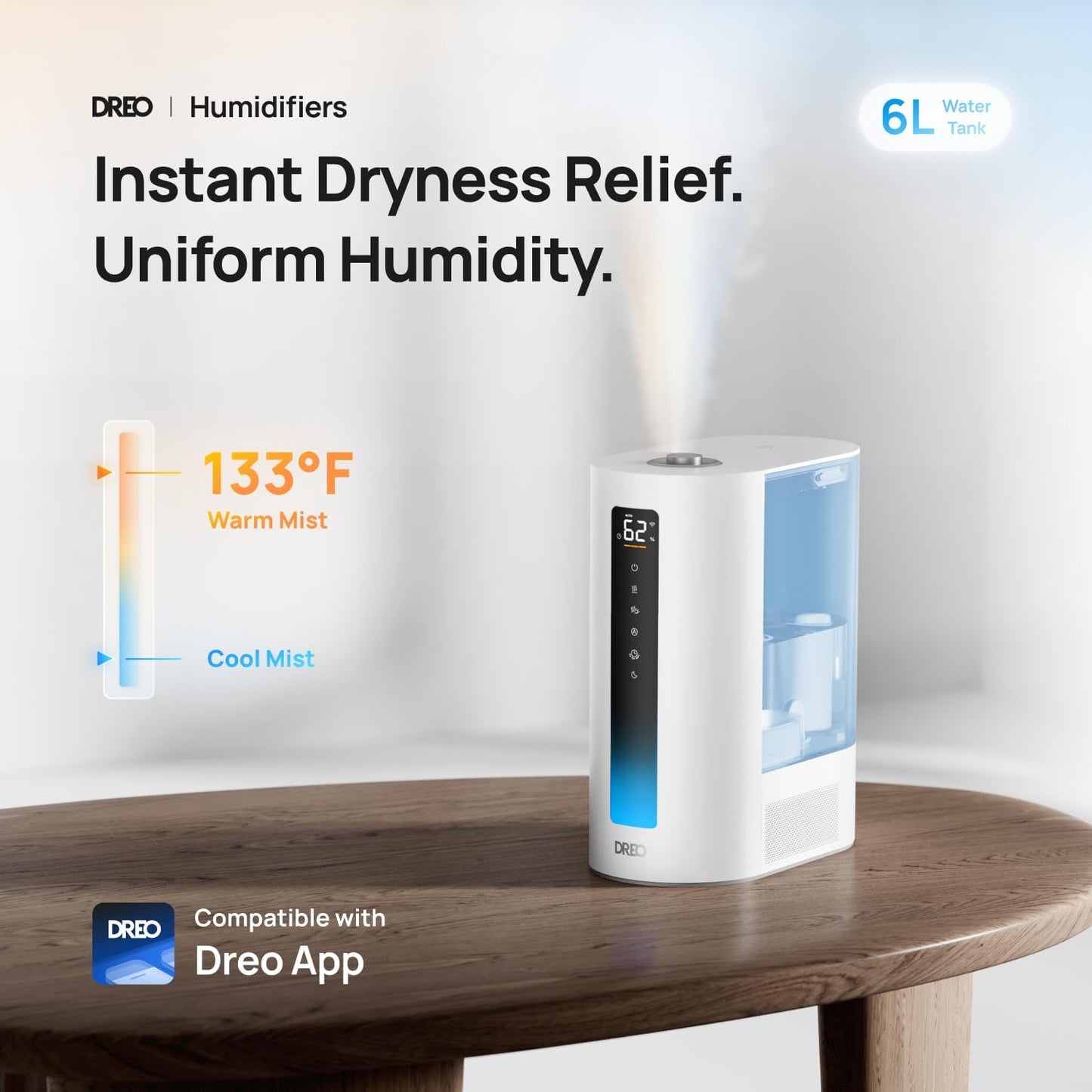 Dreo 6L Humidifiers for Bedroom, Smart Warm & Cool Mist for Large Room, 60Hr Quiet Runtime for Baby, Plant, Humidity Sensor, Indicator Light, 12H Timer, Google/Alexa, Blue