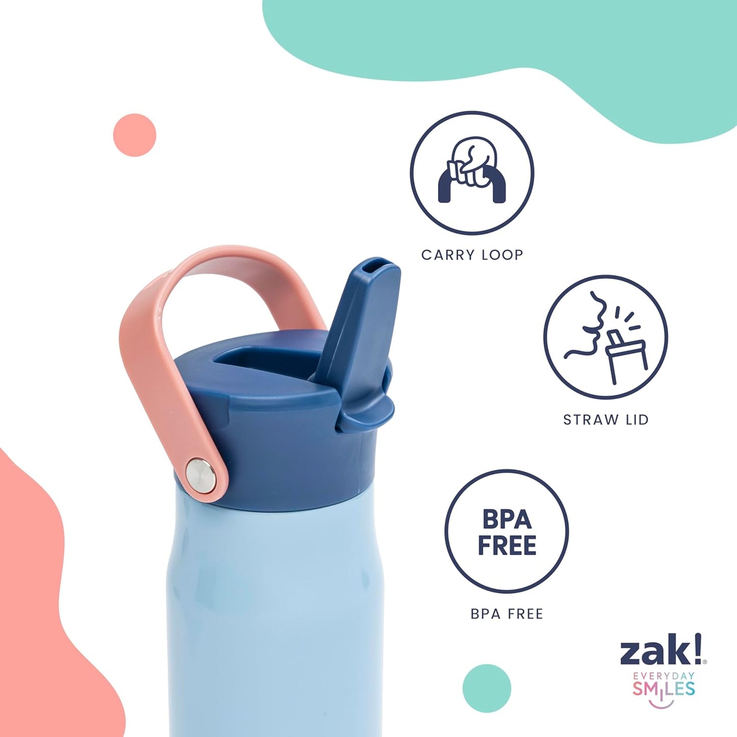 Zak Designs Barbie Harmony Water Bottle for Travel or At Home, 20oz Stainless Steel is Leak-Proof When Closed and Vacuum Insulated with Straw Lid and Carry Handle (Pink)