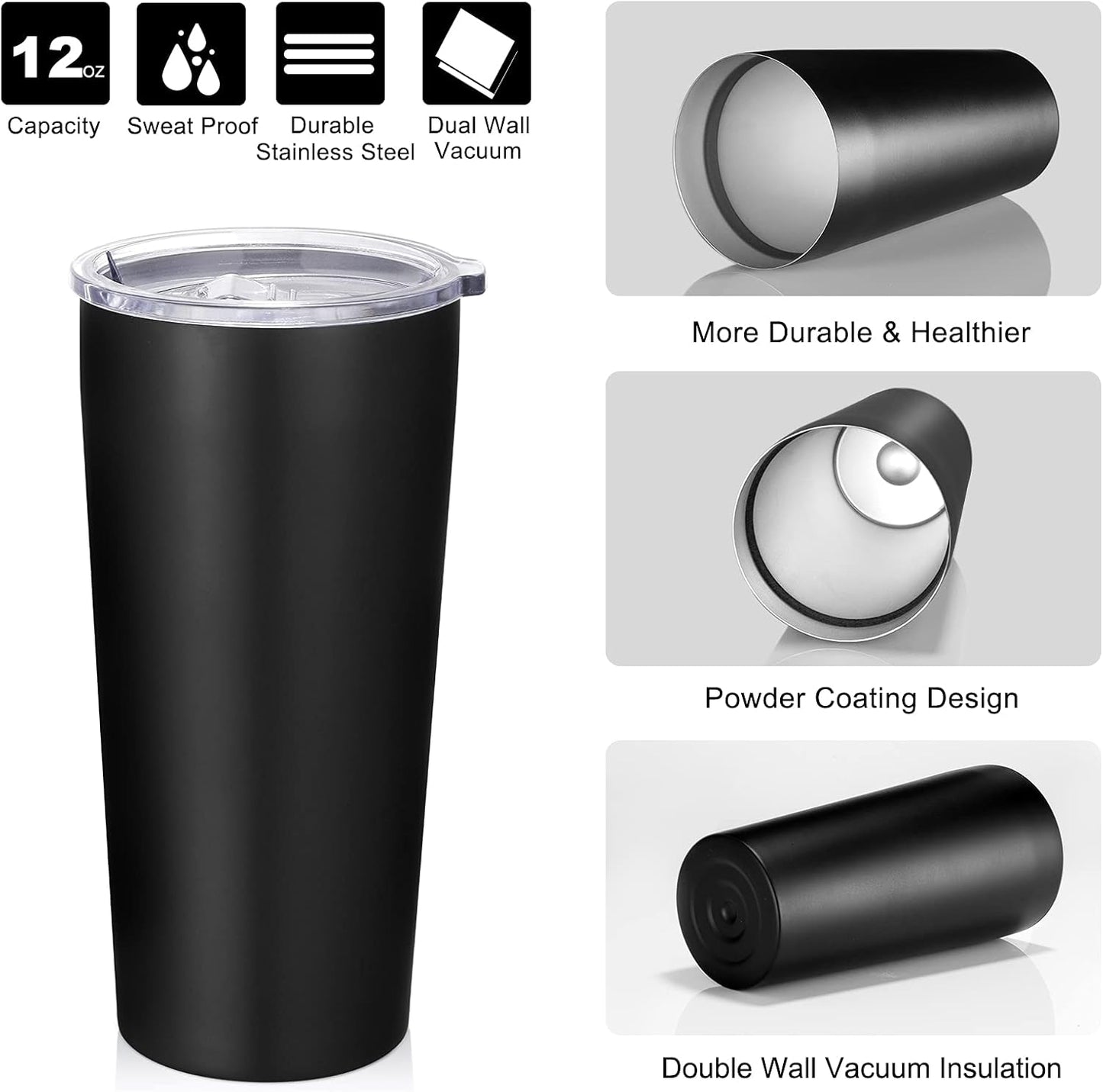 VEGOND 20oz Tumbler Bulk with Lid and Straw 12 Pack, Stainless Steel Vacuum Insulated Tumbler, Double Wall Coffee Cup Travel Mug, Black