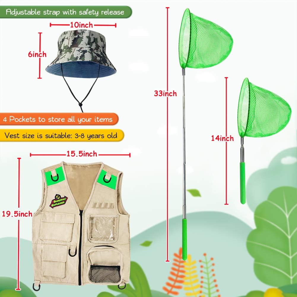 ESSENSON Outdoor Explorer Kit & Bug Catcher Kit with Vest, Outdoor Toy Gift for 3 4 5 6 7 8+ Year Old Boys Girls Kids Binoculars, Magnifying Glass, Butterfly Net, Camping, Adventure