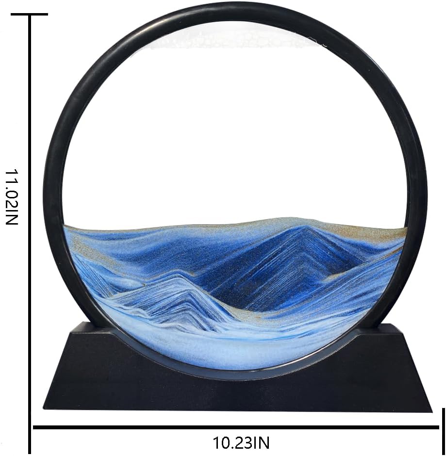 Aoderun Moving Sand Art Picture Round Glass 3D Deep Sea Sandscape in Motion Display Flowing Sand Frame Relaxing Desktop Home Office Work Decor (12", Blue)