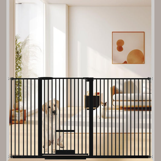 40.55" Tall 1.37" Ultra Narrow Spacing Dogs Pets Baby Gate with Door for Doorway Cat Safety Proof Indoor 57.68-73.43" Extra Wide Puppy Pressure Mounted Black Metal Hallway