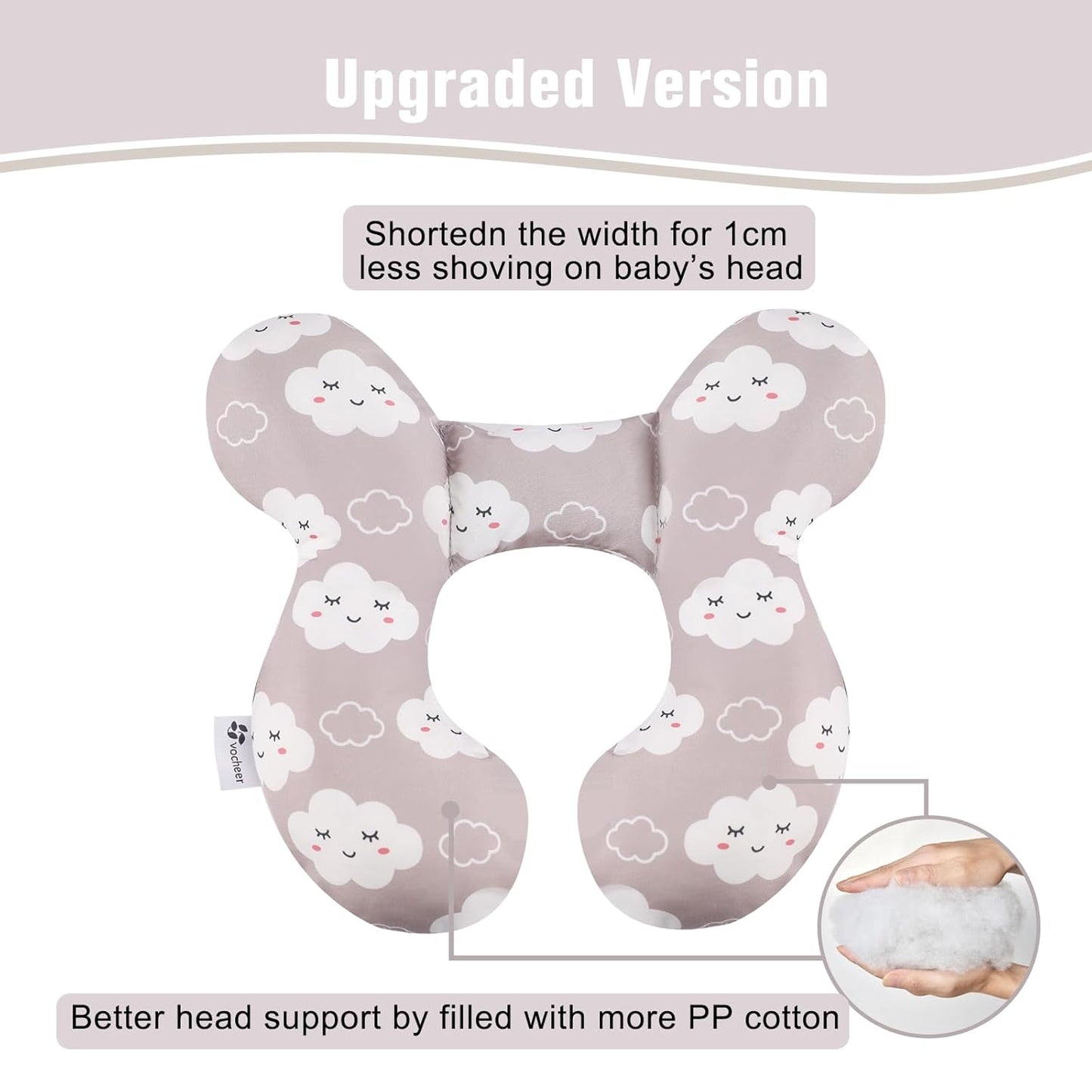 vocheer Baby Travel Pillow(Upgraded), Head and Neck Support Pillow for Pushchair, Car Seat,Stroller, Bouncer, Cotton(Grey Cloud