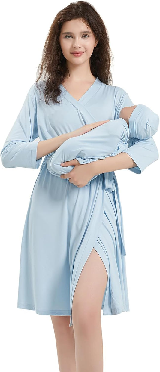 Galabloomer Maternity Robe and Baby Receiving Blanket, Matching Mommy Labor Delivery Robe and Swaddle Set (xl, baby blue)