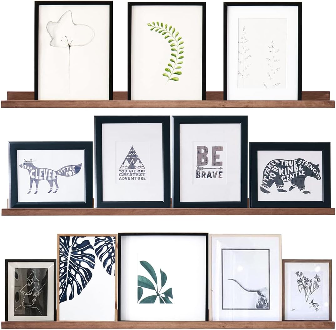 36 Inch Picture Ledge Shelf Rustic Wall Mount Light Walnut Long Narrow Picture Shelves Storage for Books Toys Music Albums Green Plants-Photo Ledge Shelf Set of 3 Mounting Hardware Include