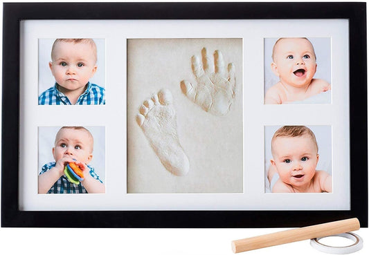 Baby Hand and Footprint Kit - Newborn Keepsake Picture Frame, Inkless Foot & Handprint Clay Mold - Baby Registry, New Mom Baby Shower, Gender Reveal Gift, Personalized Boy or Girl Nursery Photo Prints (Large, Black)