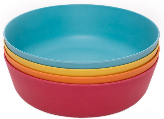 WeeSprout Bamboo Kids Bowls, Set of Four 15 oz Kid-Sized Dinnerware, Cereal, Leftovers & Snack Bowl, Dishwasher Safe (Blue, Yellow, Orange, & Red)
