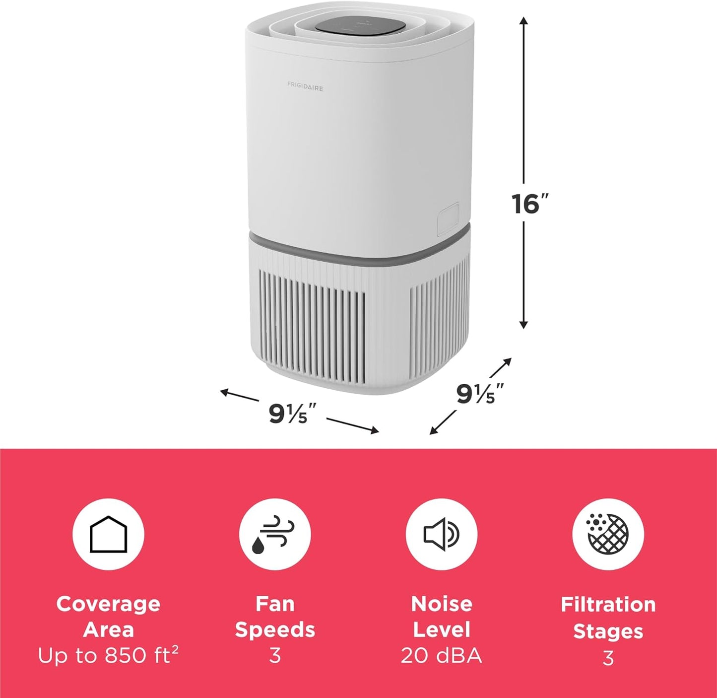 Frigidaire PureA300 HEPA Air Purifier with Wi-Fi for Small Bedrooms, Covers up to 850 Sq. Ft., 3-Stage Filtration, Energy Star Certification, Air Quality Monitoring, Smart Mode, Ultra Quiet, White