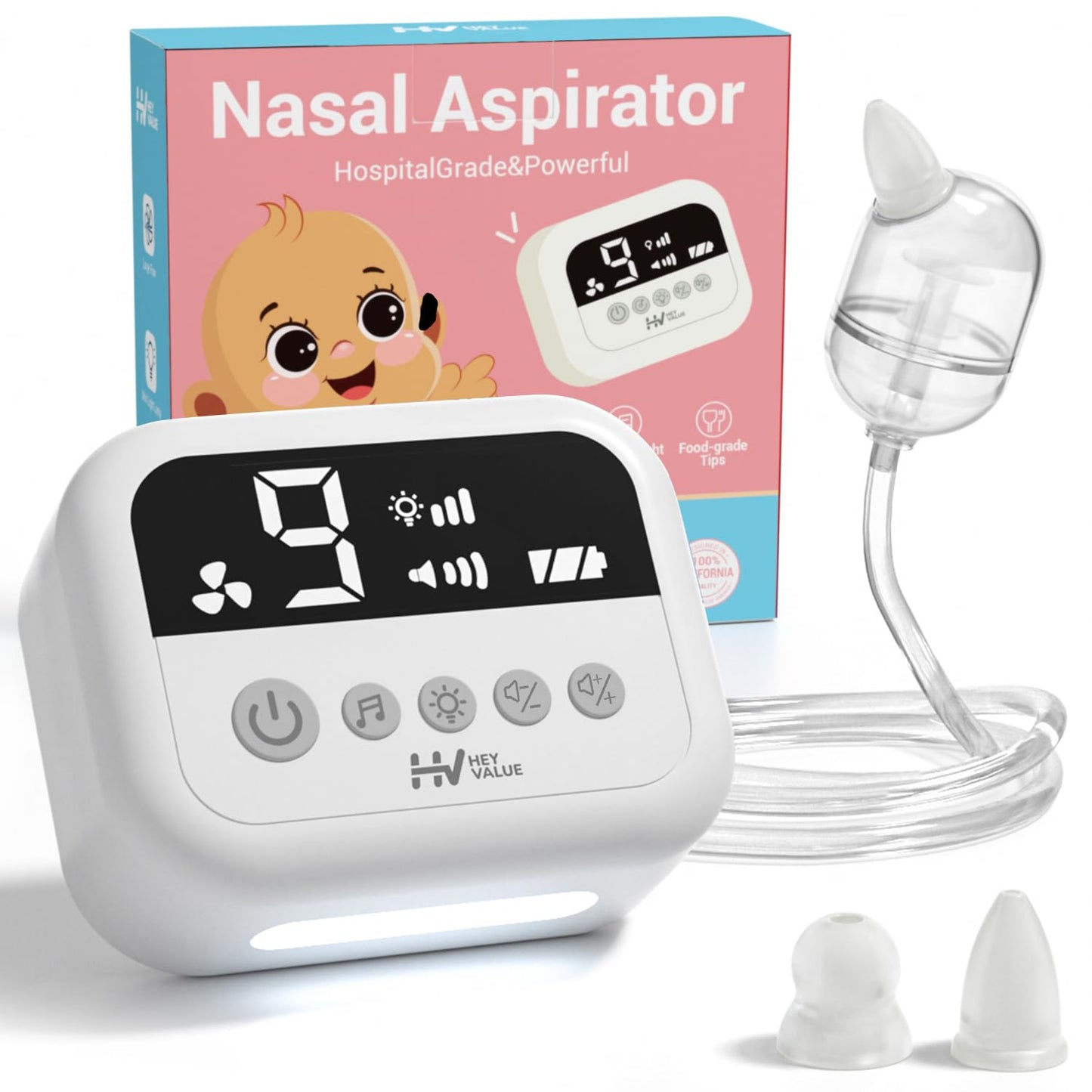 HEYVALUE Nasal Aspirator for Baby, Hospital Grade Nose Sucker with 9 Levels Suction, Night Light and Nursery Rhyme Soothing Function, Electric Nose Suction for Baby with Food-Grade Silicone Tips