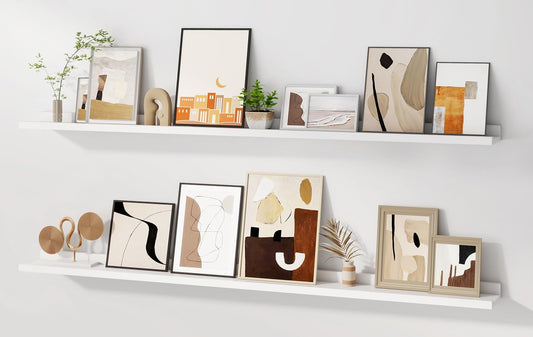 Floating Picture Ledge Shelves for Wall Set of 2, 55 Inches Picture Shelf with Ledge, Nursery Book Shelf for Toys Storage Kids Bookshelf Wall Mounted Living Room Bedroom Decor Frames, White