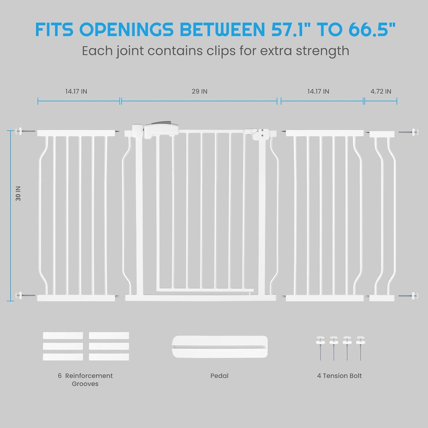 Extra Wide Baby Gate for Stairs Doorways with door, 30" Tall 57.1-66.5" Wide Easy Install Dog Gate indoor, Safety Metal Pressure Mounted Pet Gate with Walk-Thru Auto Close for the House, White