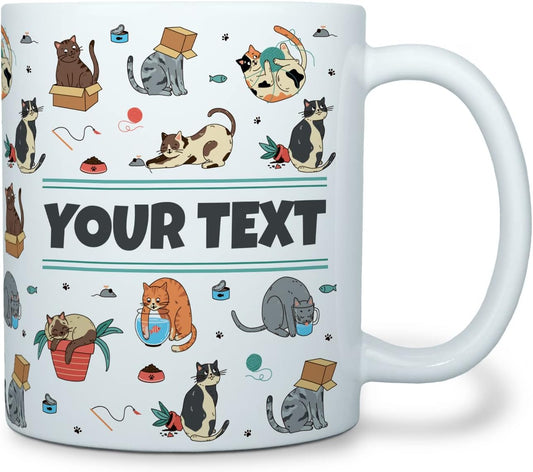 Personalized Mug for Kids - Cats - Custom Name/Text, Ceramic Hot Chocolate/Cocoa/Coffee Cup for Boys/Girls, Birthday/Christmas/Holiday Gift - 11 oz, White Handle