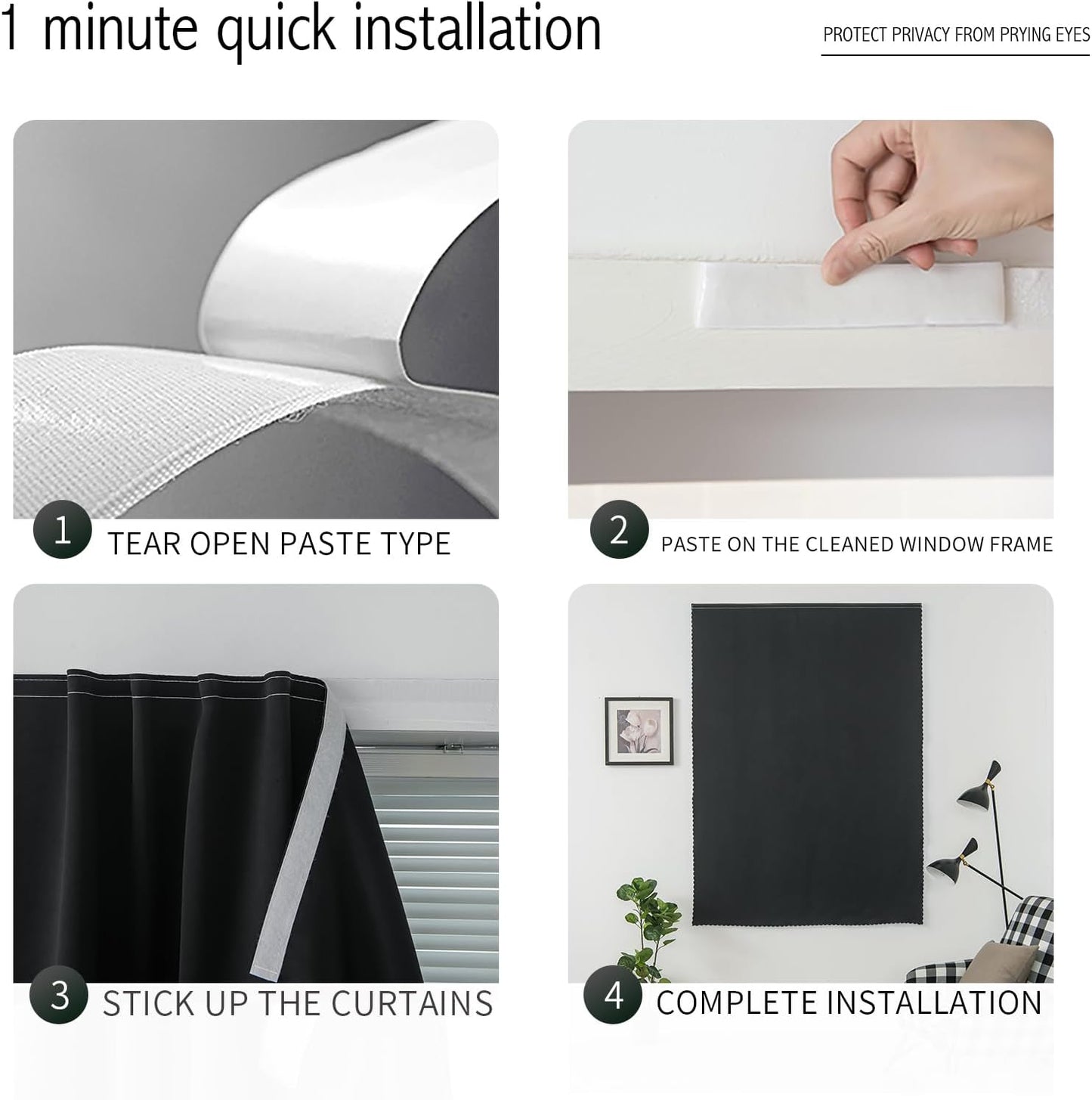 Adhesive Blackout Curtains- Self Stick Shades Window Blinds Curtains No Rod Needed Easy to Hang Curtains, Use for Bedroom, Living Room, Dining Room, Kitchen, Home Office, 47"W X 59"L, Black, 1 Panel