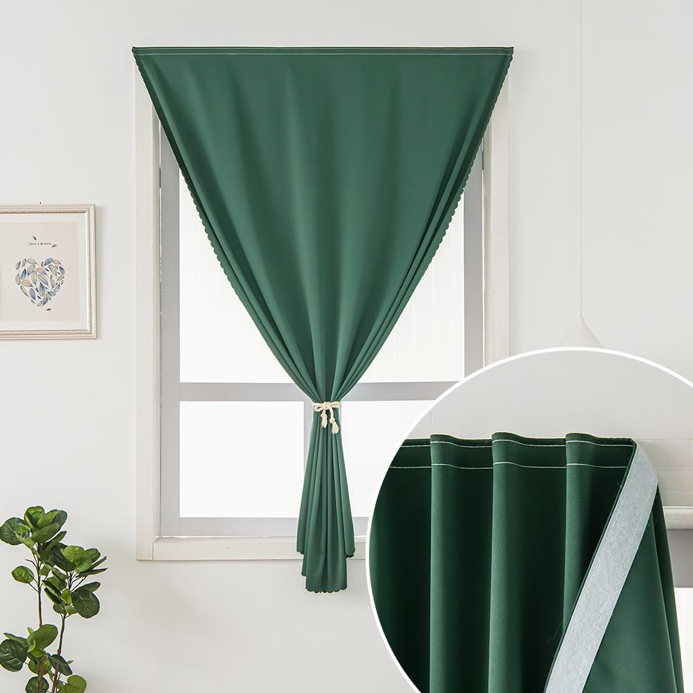 Blackout Curtains for Bedroom Stick On Curtains Window Shades Pull Down Blackout Window Cover No Drillng Self Adhesive Curtains No Rod Small Curtain, 35" W X 59" L, Dark Green, 1 Panel