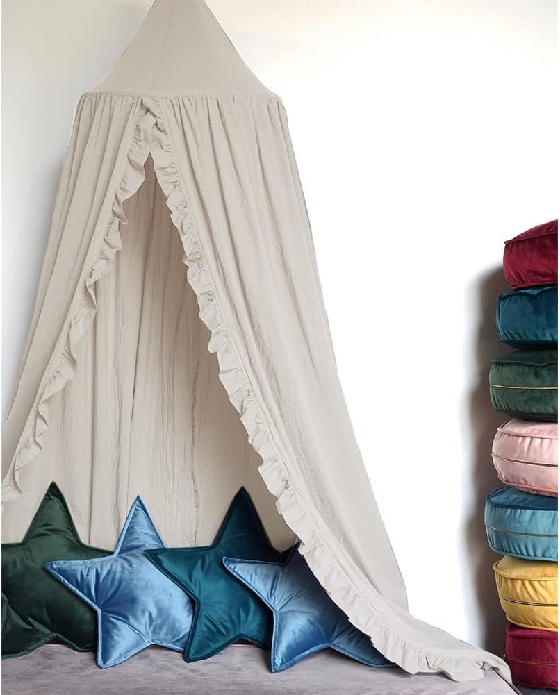 Bed Canopy with Frills Reading Nook Game Tent for Kids Boho Hanging Net Play Room Decor(Beige)