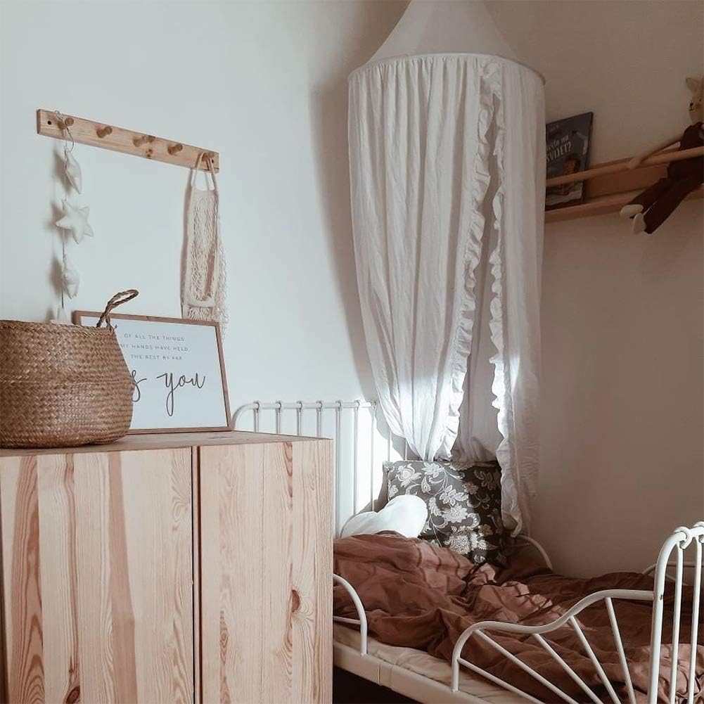 Bed Canopy with Frills Reading Nook Game Tent for Kids Boho Hanging Net Play Room Decor(White)