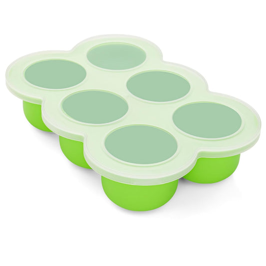Baby Silicone Freezer Tray with Clip on Lid, 6 x 3 OZ Baby Silicone Freezer Molds, Silicone Storage Container for Homemade Baby Food, Fruit Purees & Vegetables (Bright Green)