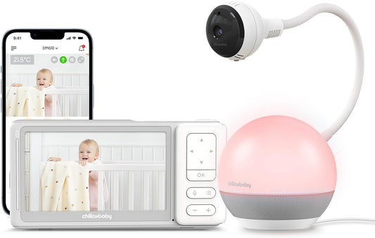 CHILLAX Baby Monitor Baby Mood Plus,5-inch 1080p HD Camera Wi-Fi Baby Monitor,with Sleep Trainer & Mood Light Soother,Flexible Gooseneck and 360°Pan View,Accessible via Phone App and Nursery Features