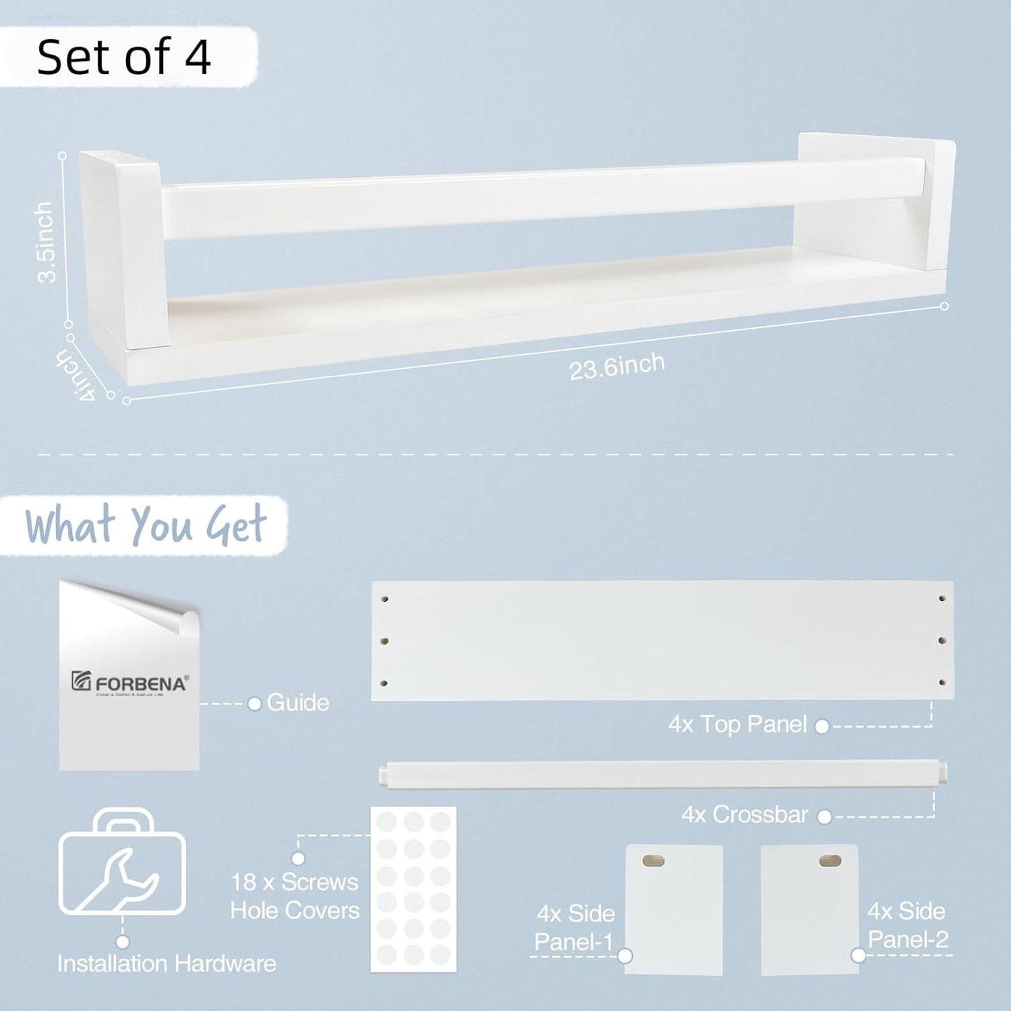 Forbena 24 Inch Wall Bookshelf for Kids Bedroom Set of 4, White Floating Nursery Book Shelves for Baby Toddler Children Girls Boys Room Decor, Large Wood Wall Mount Bookshelves and Toy Storage