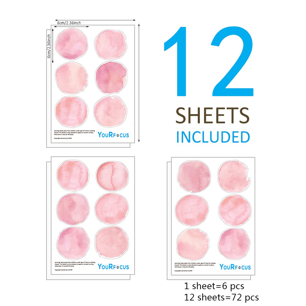 Pink Polka Dot Wall Decals 72 Pcs Watercolor Dots Wall Sticker for Kids Baby Girls Teens and Nursery Room (12 Sheets)