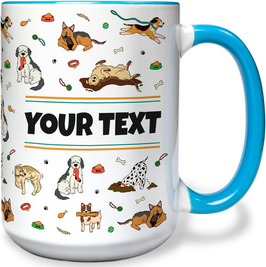Personalized Mug for Kids - Dogs - Custom Name/Text, Ceramic Hot Chocolate/Cocoa/Coffee Cup for Boys/Girls, Birthday/Christmas/Holiday Gift - 15 oz, Light Blue Handle