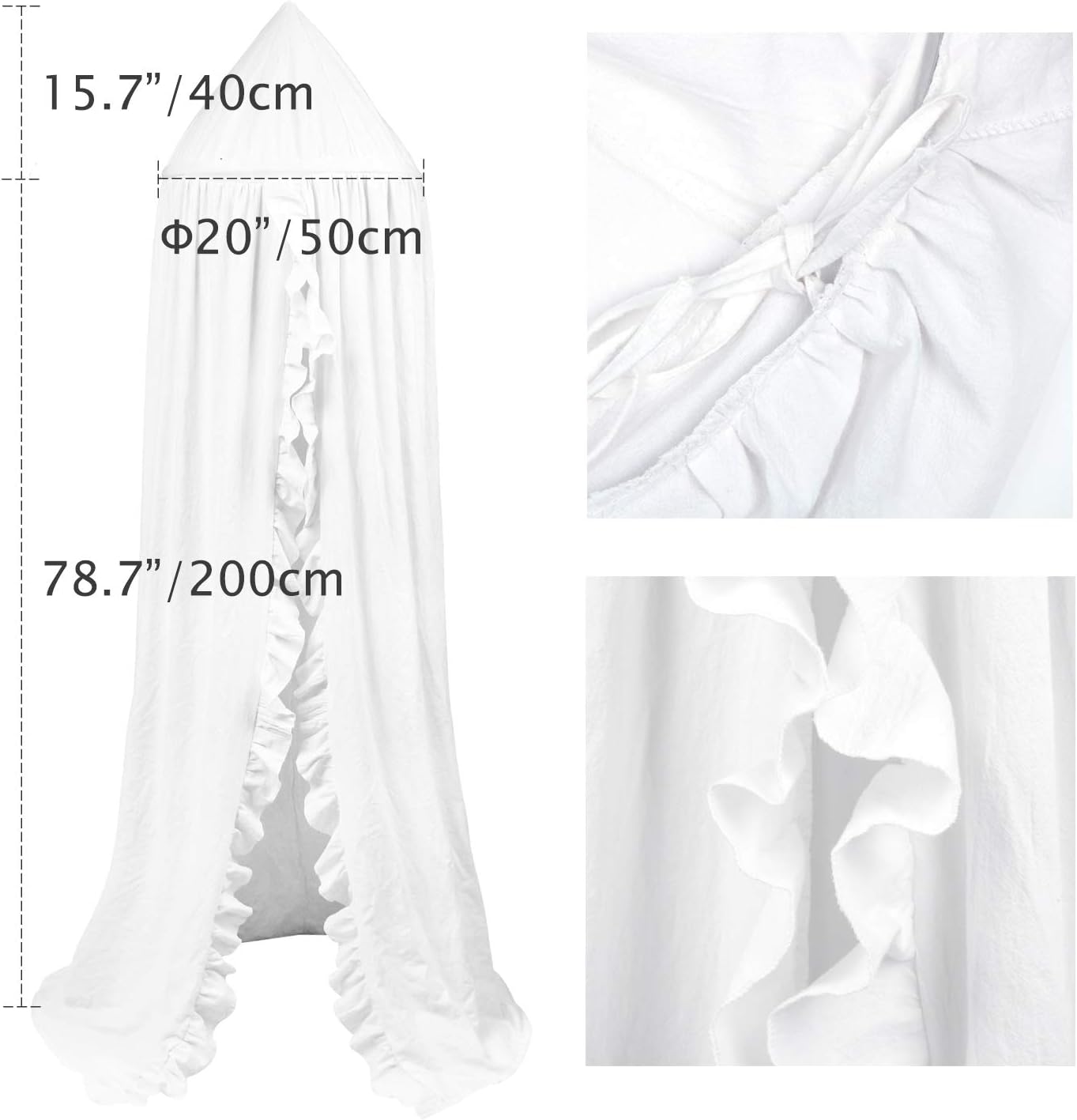 Bed Canopy with Frills Reading Nook Game Tent for Kids Boho Hanging Net Play Room Decor(White)