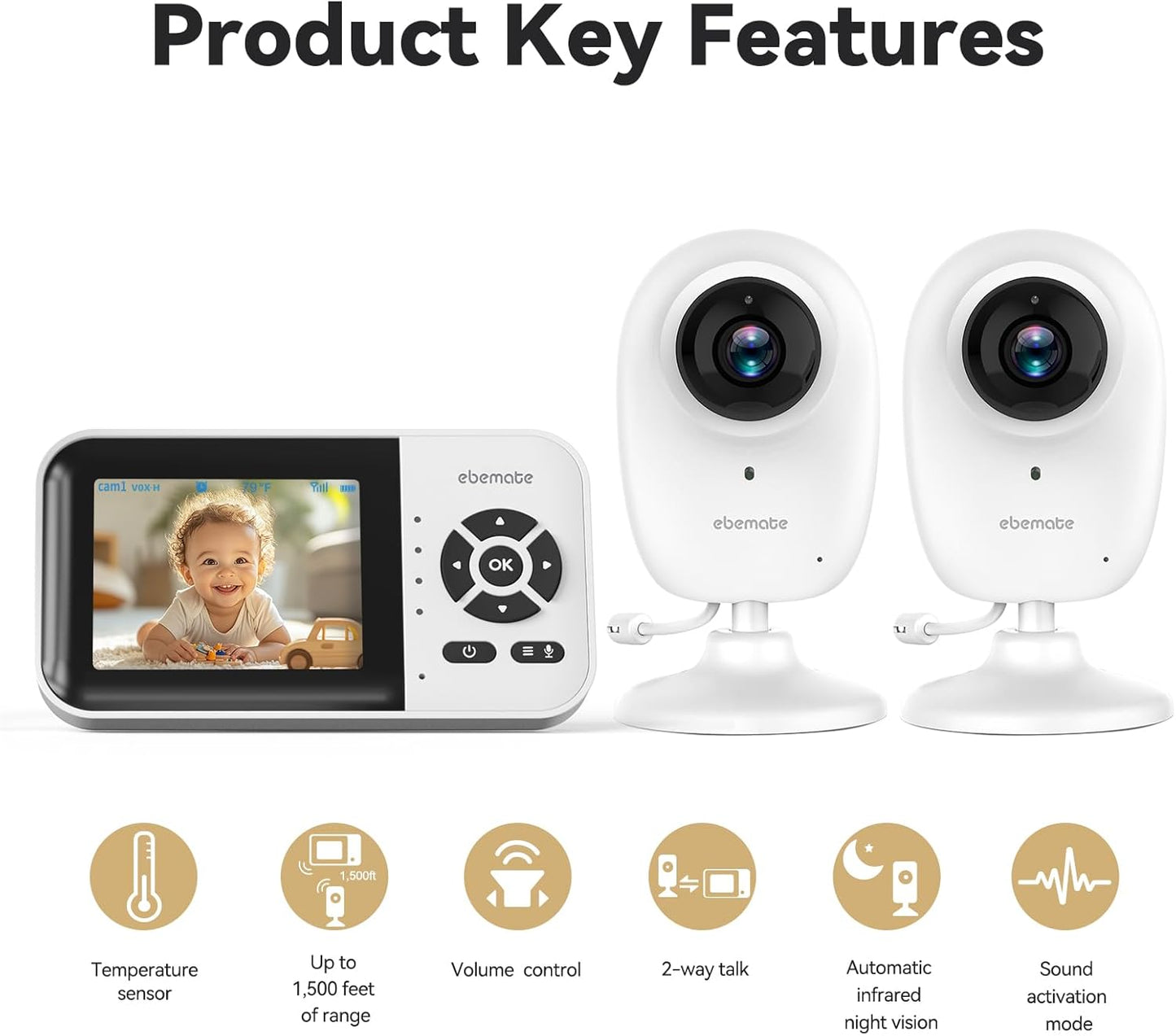 ebemate WiFi Video Baby Monitor with 2 Camera,2.8" Display with 1500Ft Long Range,WiFi On/Off,1080P No Glow Night Vision,2-Way Talk Baby Cam Monitoring EBS28-2