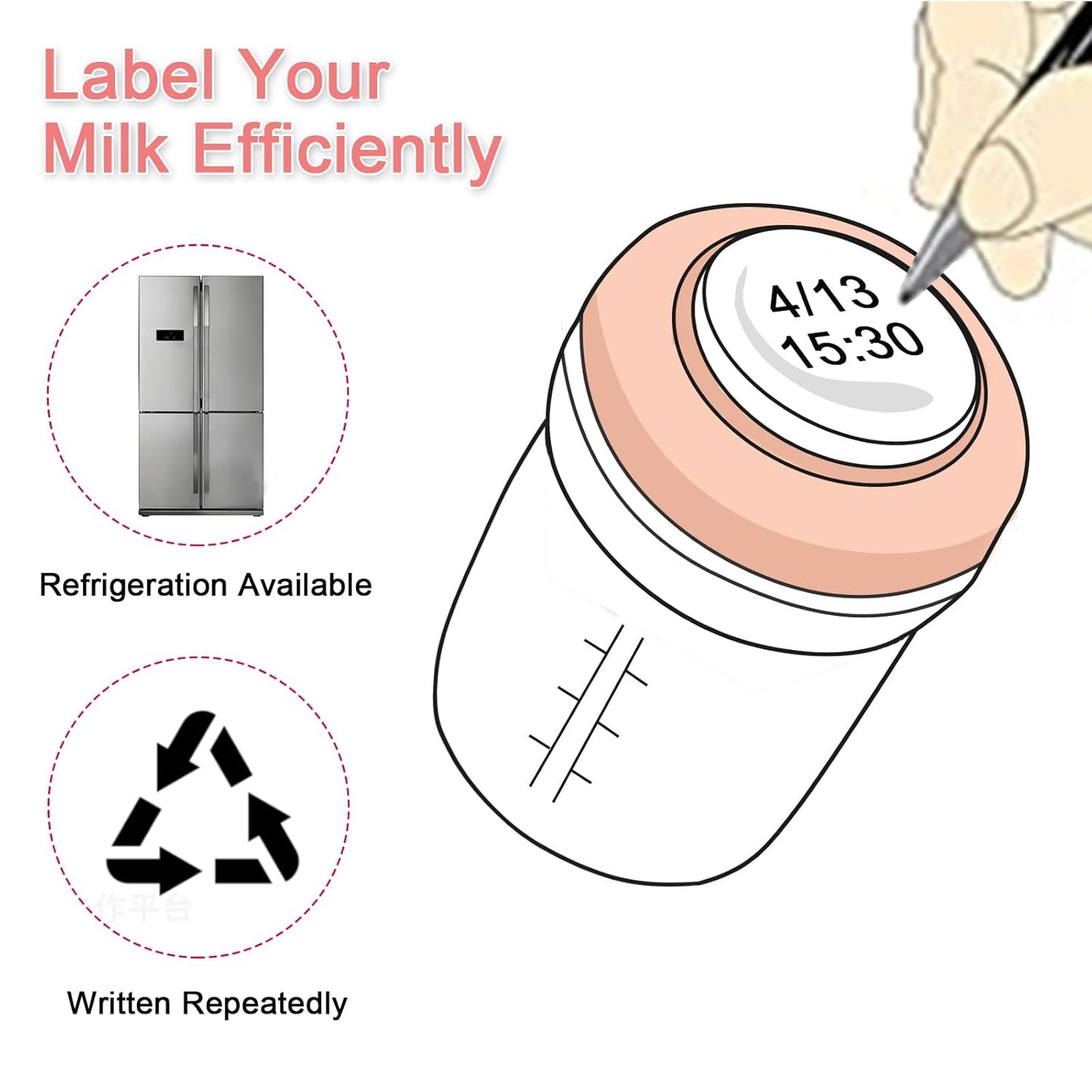 COMI Wide Neck Glass Breastmilk Collection n Storage Bottle, 8oz with Screw Ring Sealing Disk; Re-markable Sealing Disc. BPA Free, Fits Breast Pumps & Nipples (4 Pink Lids)