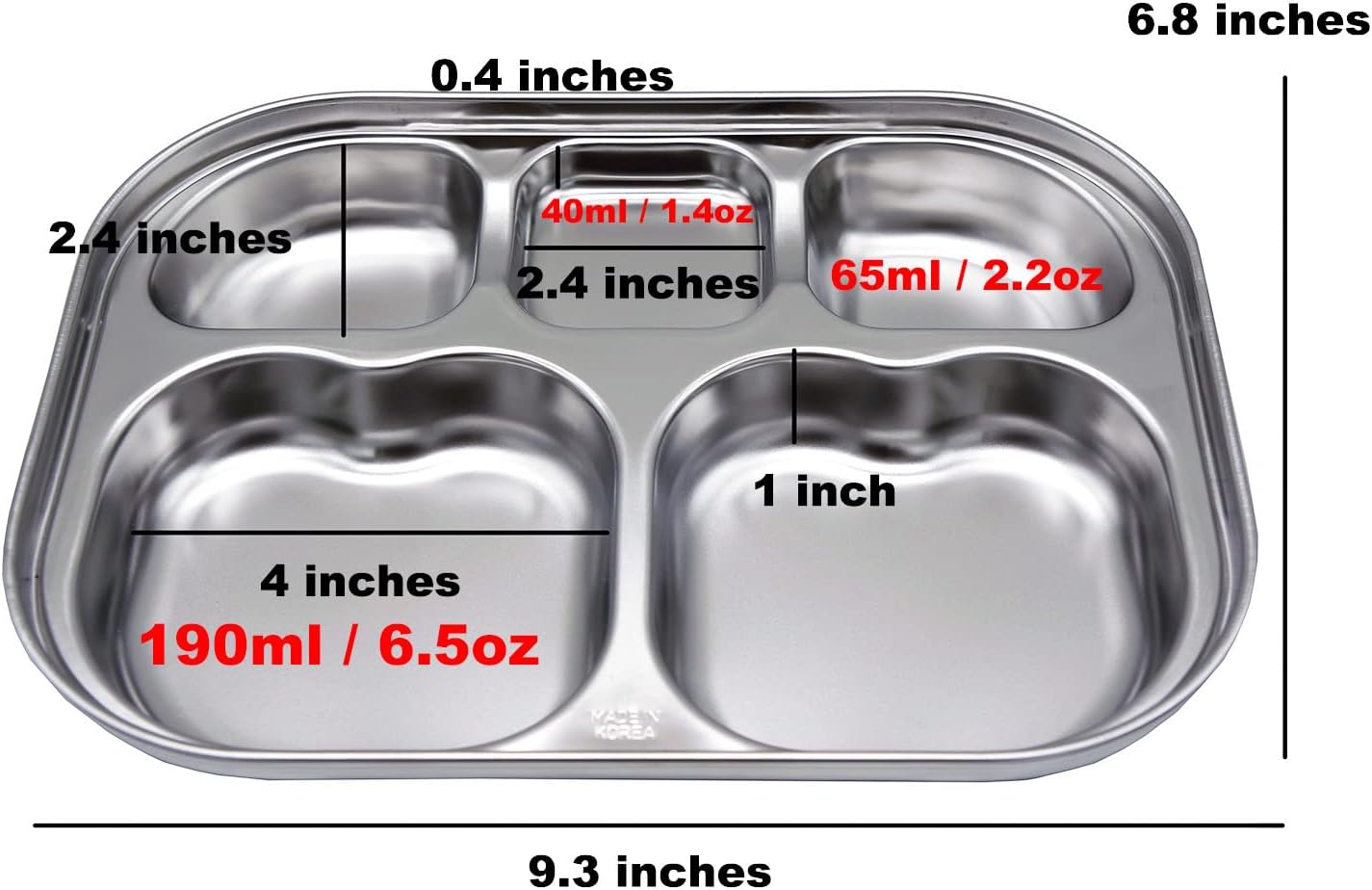 Korean Stainless Steel Divided Plates by KS&E, Little Kids Toddlers Babies small Tray, BPA Free, Diet Food Control, Compact Serving Platter, Snack, 5 Compartment Plate Silver, Set of 2
