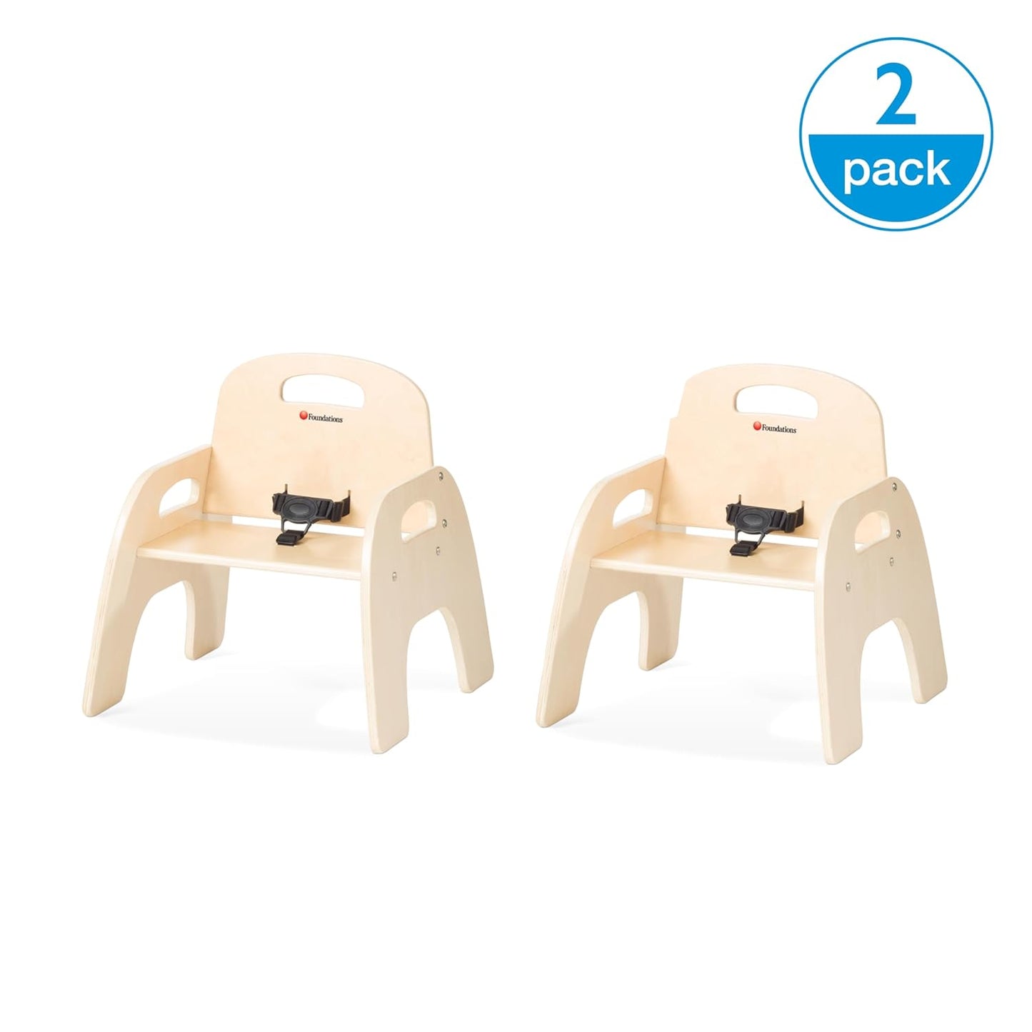 Foundations Simple Sitter Low Wood Feeding Chairs Multipack, Wide No-Tip Base, Adjustable Safety Harness, Stackable Wood Toddler Chairs with Food Service Grade Finish, 2 Pack (11 inch)