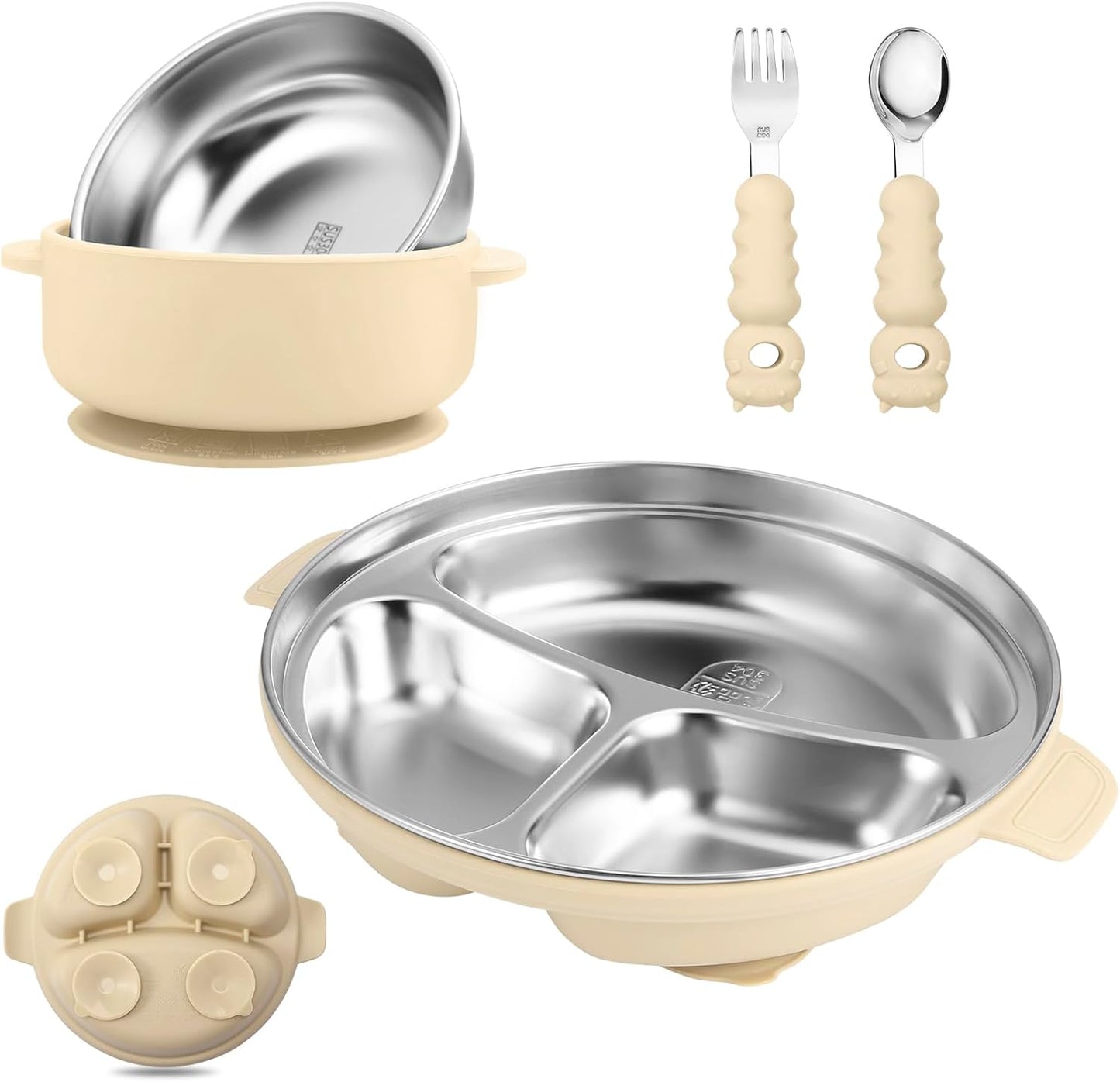 Stainless Steel Baby Plate and Bowl with Suction, Baby Bowl and Divided Kids Toddler Plate with Removable Silicone Shell, Non-Slip Toddler Baby Feeding Set, Forks + Spoons Included-Cream