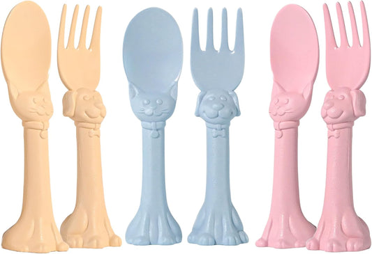 Made in USA Spoon la la Toddler Utensils Set - 6 Pack (3 Spoons & 3 Forks for Kids) - Self-Standing 3D Ergonomic Cat & Dog Handles - BPA-free, Dishwasher Safe, Baby Silverware (Pink, Blue, Yellow)