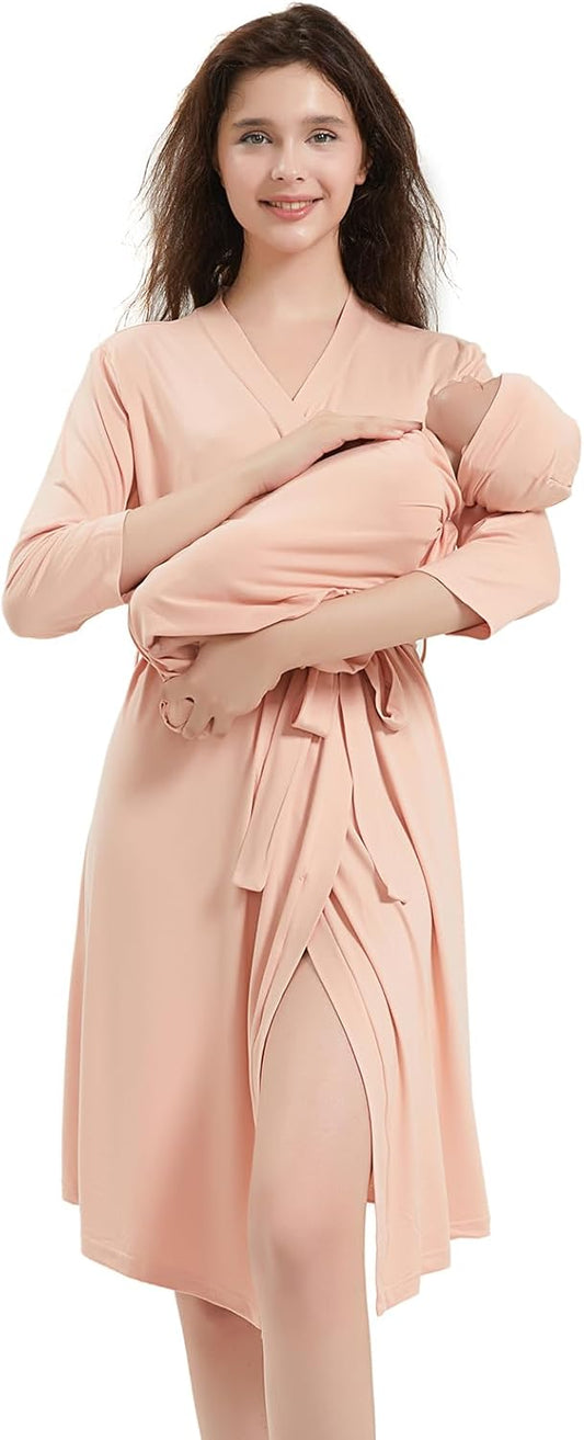 Galabloomer Maternity Robe and Baby Receiving Blanket, Matching Mommy Labor Delivery Robe and Swaddle Set (m, pink sand)