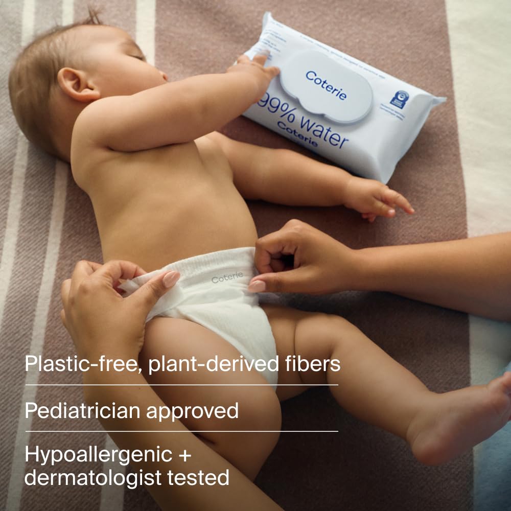 Coterie Baby Wipes for Sensitive Skin, Plant-Based and Plastic-Free Fibers, 99% Water, Hypoallergenic, pH Balanced, Unscented, Clean and Gentle Baby Essentials, 16 Pack, 896 Count