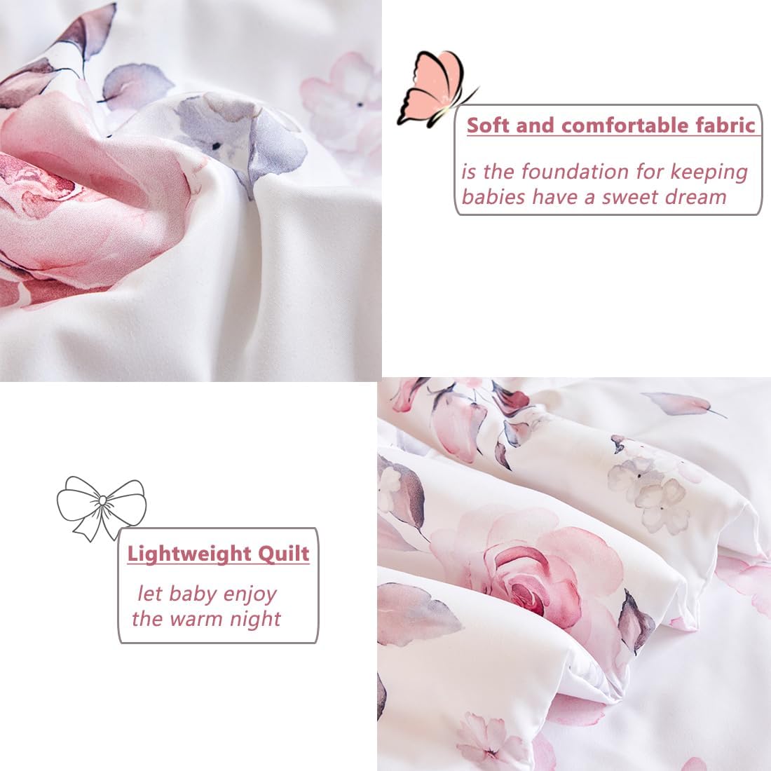 PERFEMET Floral Toddler Bedding 4-Piece Pink Flower Toddler Girls Comforter with Sheet Set Reversible Butterfly Crib Bed Sets-Comforter, Fitted Sheet,Flat Sheet,Pillowcase