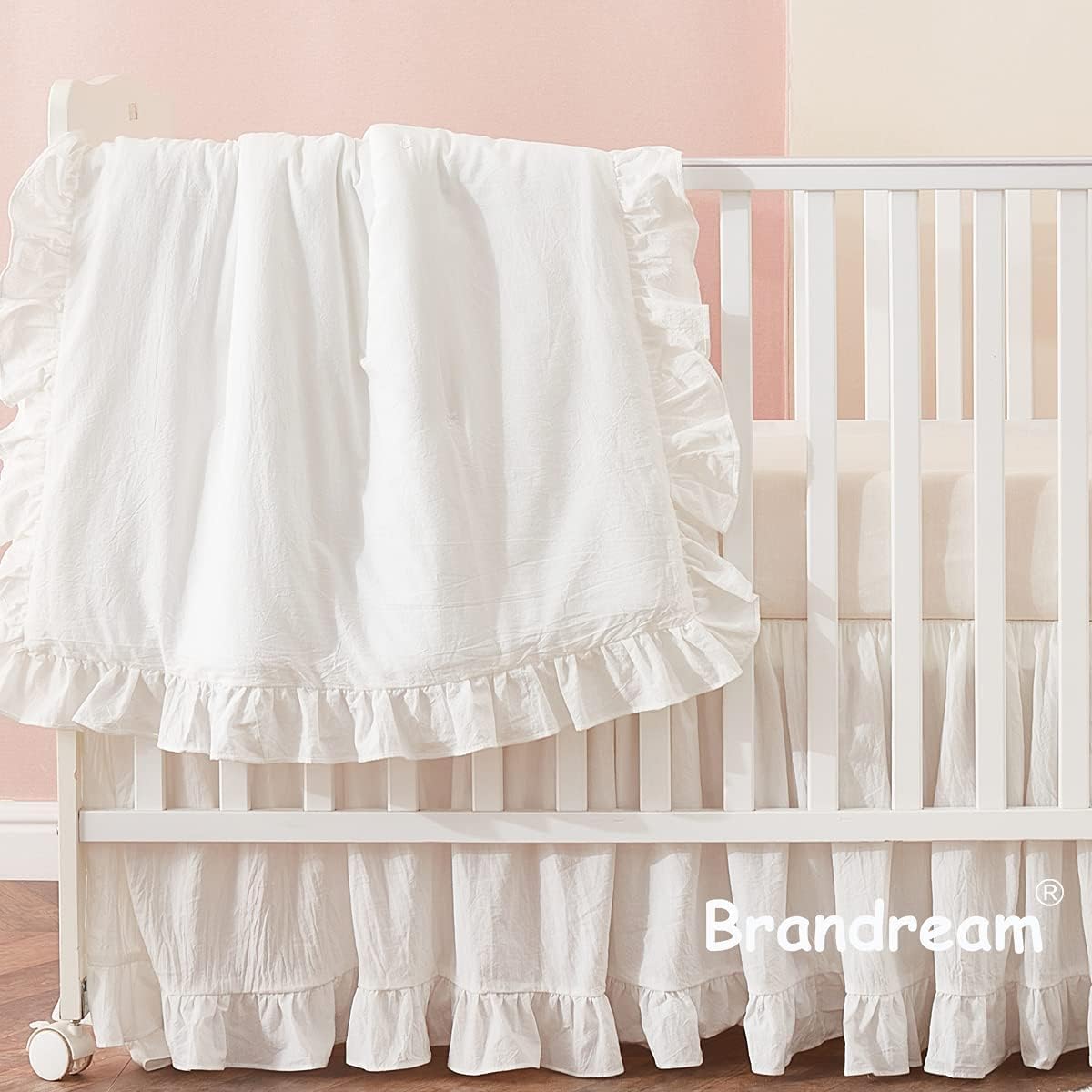 Brandream Baby Crib Bedding Set for Girls Boys Gender Neutral Boho Bohemian Farmhouse Chic Ruffle 6-Piece Nursery Bedding Set - 100% Washed Cotton Cream White
