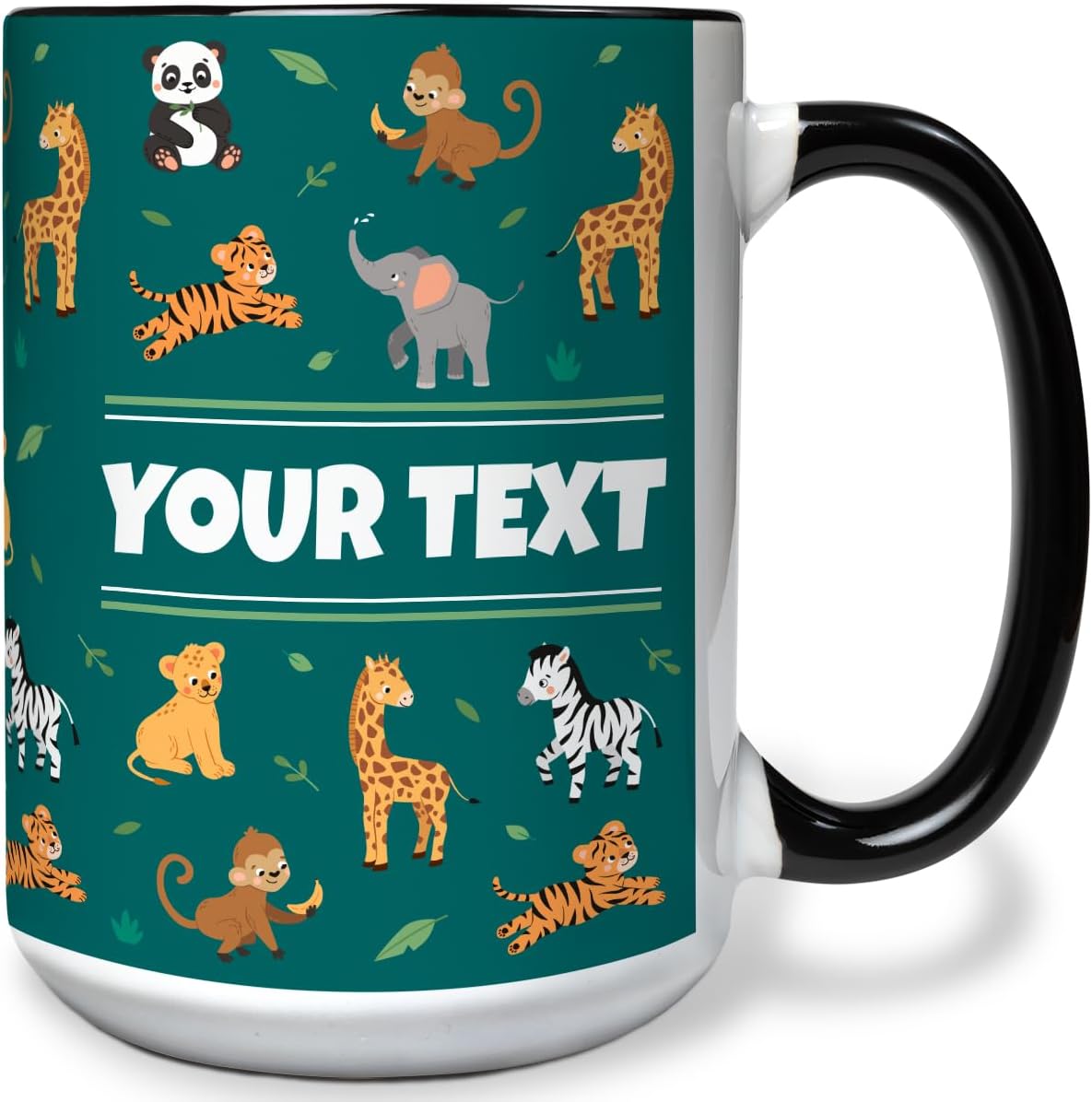 Personalized Mug for Kids - Zoo Animals - Custom Name/Text, Ceramic Hot Chocolate/Cocoa/Coffee Cup for Boys/Girls, Birthday/Christmas/Holiday Gift - 15 oz, Black Handle