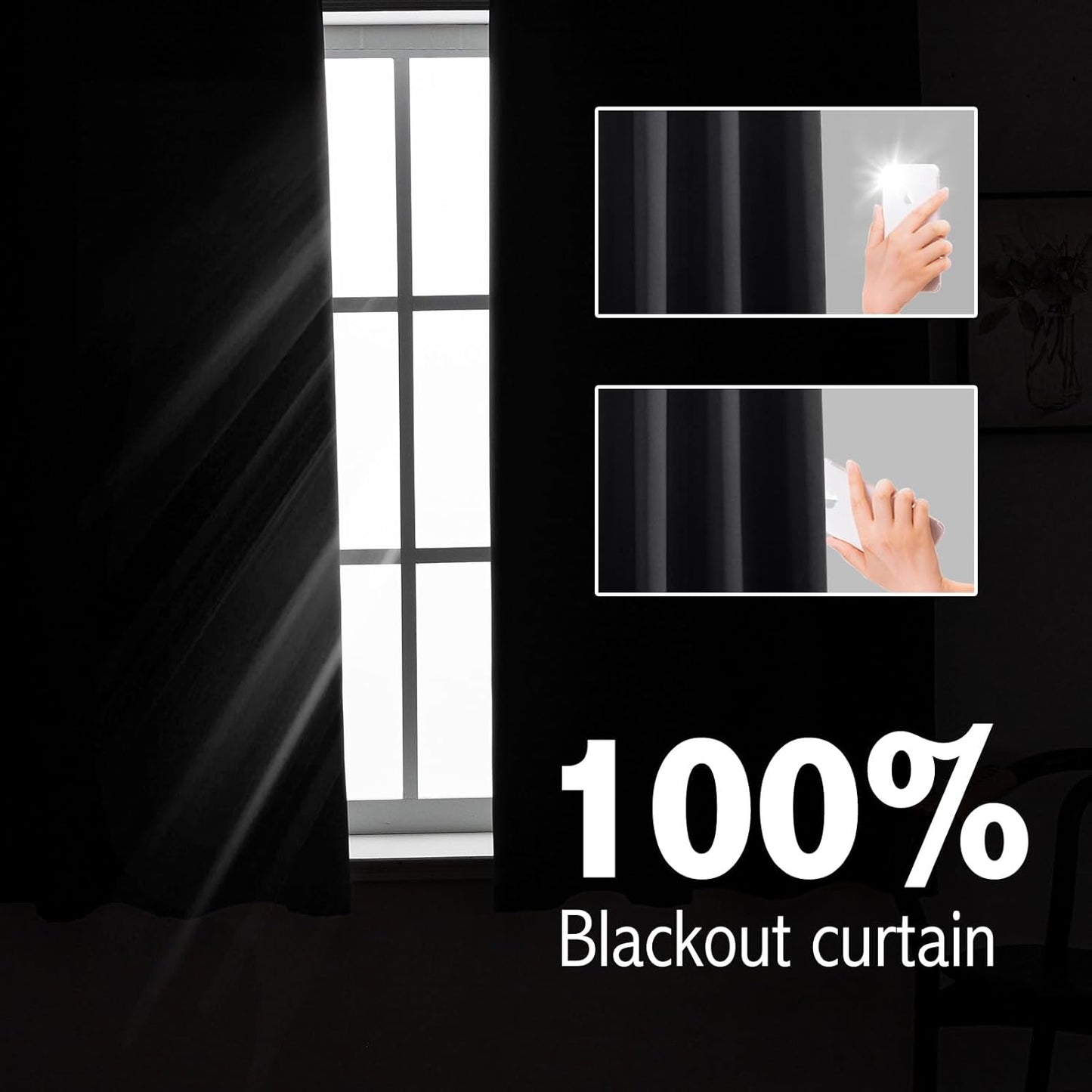 Anytime 100% Blackout Curtain Set, Thermal Insulated & Energy Efficiency Window Draperies for Guest Room, Full Shading Panels for Shift Worker and Light Sleepers（Black, 2 Panels, 52W x 45L）