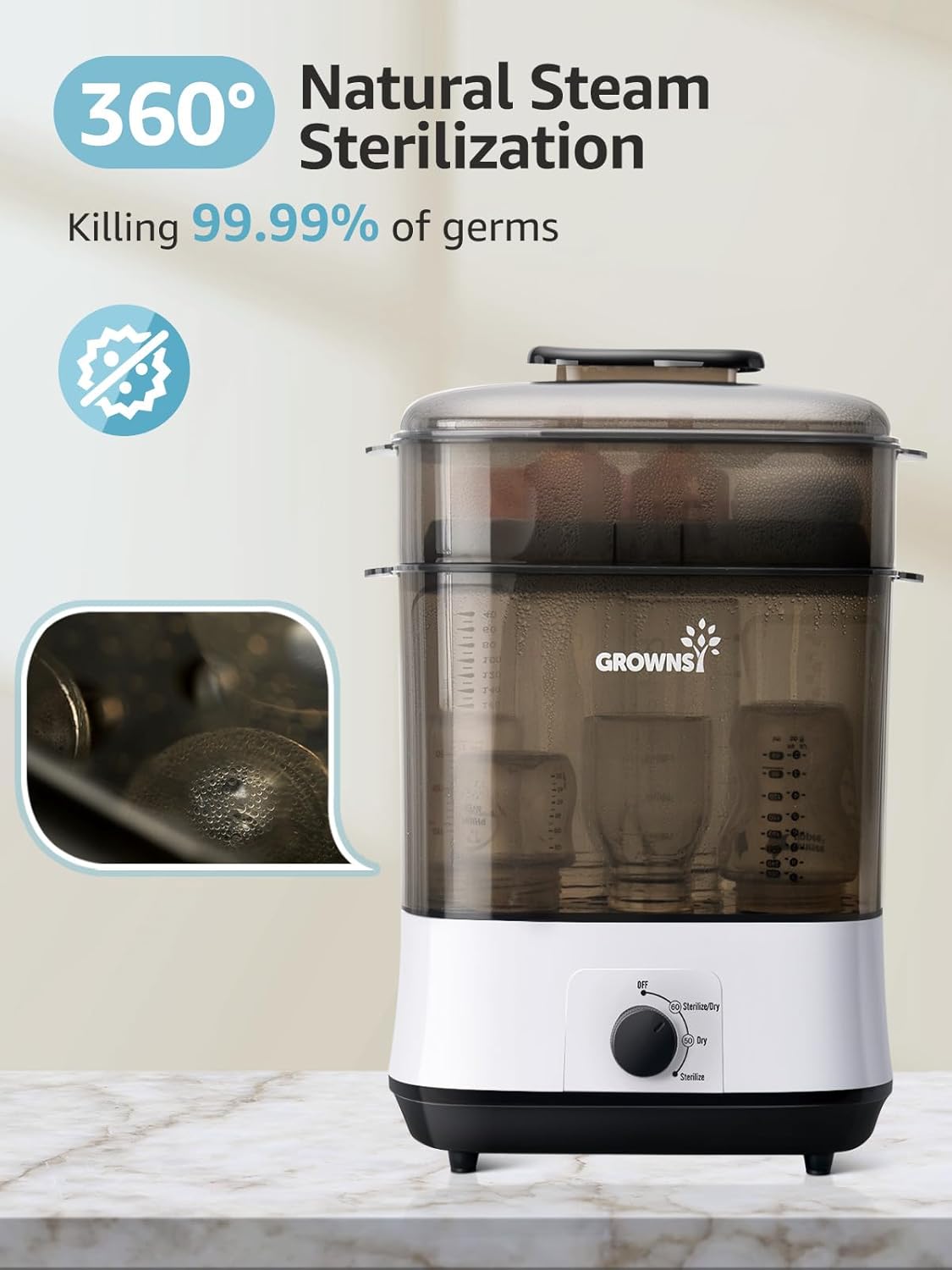 GROWNSY Adjustable 3 IN 1 Large Bottle Sterilizer and Dryer, Electric Steam Baby Bottle Sterilizer, Sanitizer for Baby Bottles & Pacifiers, Breast Pump Parts