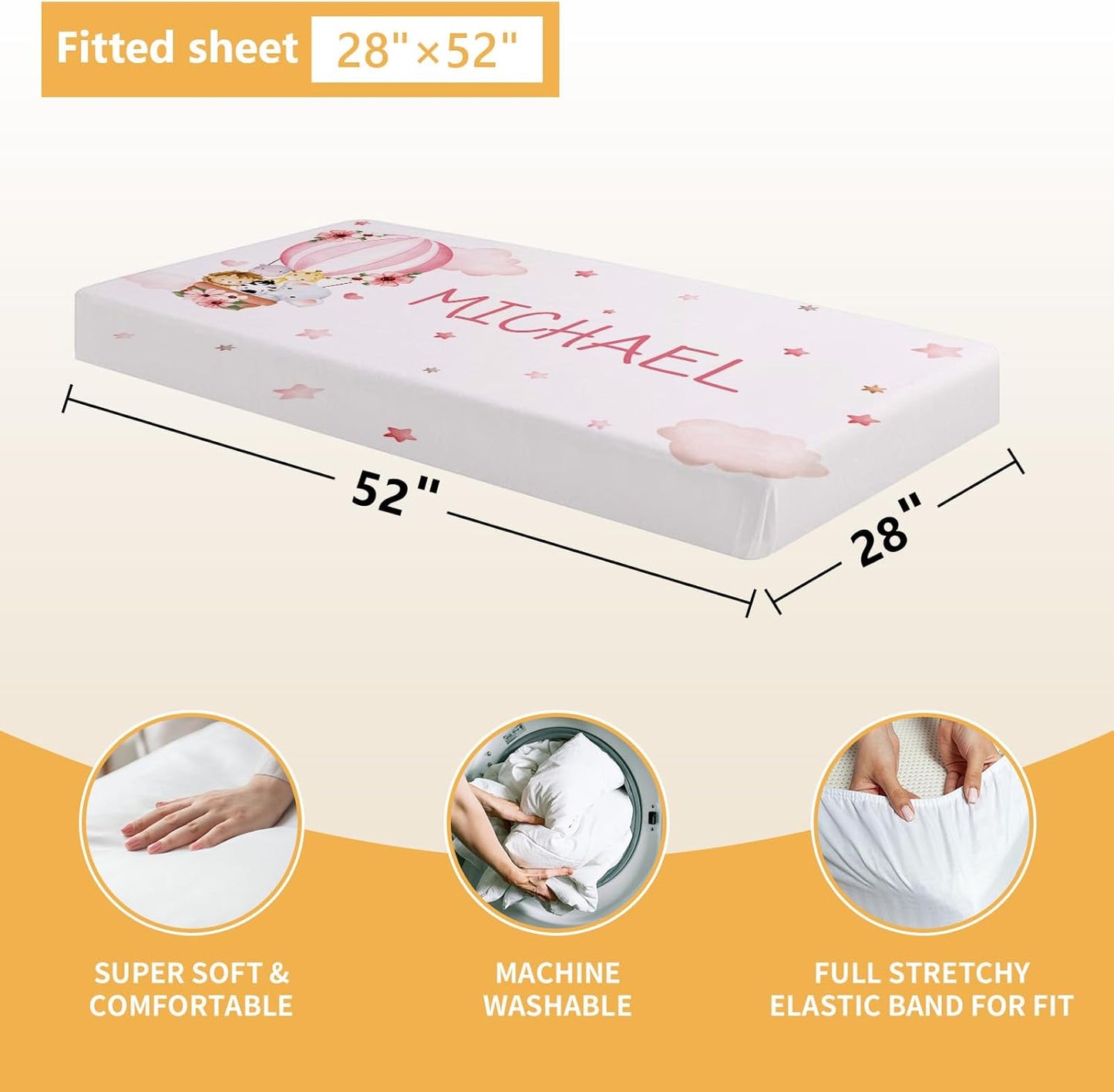 Personalized Baby Bedding Set, 5 Pcs Custom Infants Bedding Set with Infant Name, Double Layer Crib Set for Boys Girls, Customized Gifts for Nursery Toddlers Baby Shower, Hot Air Balloon Animal