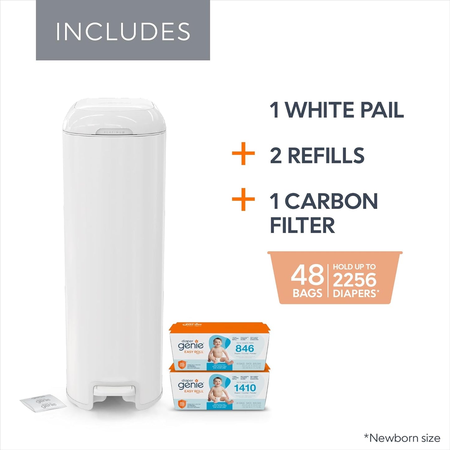 Diaper Genie Platinum Pail (Lilly White) is Made of Durable Stainless Steel and Includes 1 Easy Roll Refill with 18 Bags That can Last up to 5 Months.