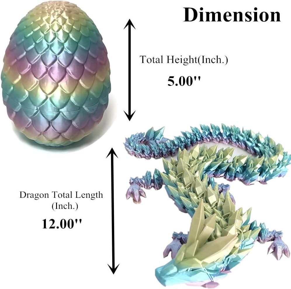 3D Printed Dragon Fidget Toys Dragon Egg 12inch Flexible Dragon Toy 3D Printed Dragon Egg with Articulated Dragon Inside Fidget Toys for Autism/ADHD Easter Toys Gifts (Multicolored)