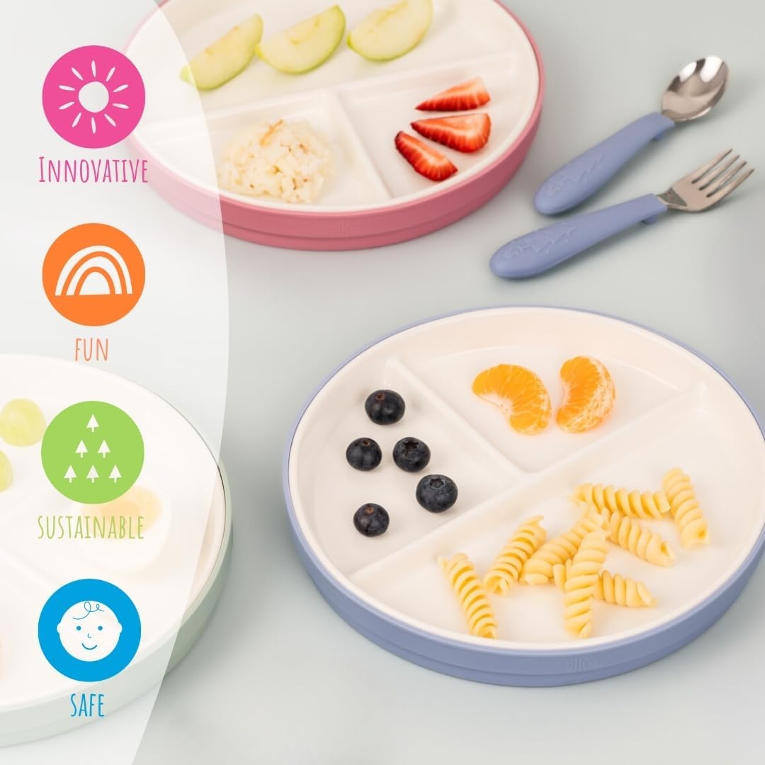 Elk and Friends Kids 6.7” Porcelain Divided Plates with Silicone Suction Sleeves + Silicone Lids | Suitable for Babies/Kids/Toddlers | Microwave & Dishwasher Safe | Non Slip | Snack Dishes | 4 Pack