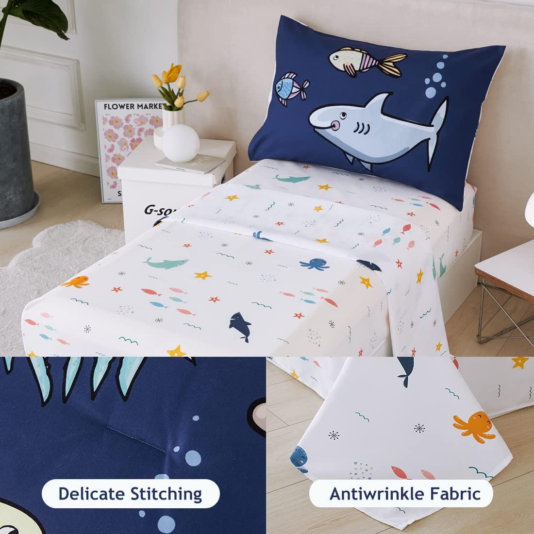PERFEMET 4 Pieces Twin Bed in A Bag Navy Blue Ocean Animal Themed Kids Comforter Set for Boys Girls Soft Reversible Marine Life Bed Set with Kids Sheets(Navy Blue, Sharks/Dolphins/Fish)